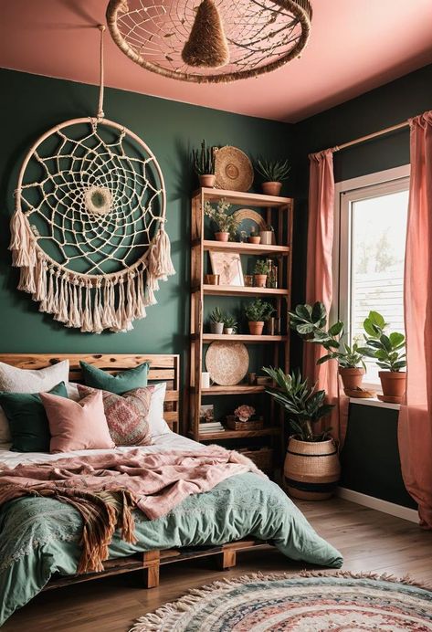 Top 28 Blush Pink & Green Boho Bedrooms - Vintage & Modern Mix Pink And Green Curtains Bedroom, Green Bedroom Teenage Girl, Sage Green Bedroom Inspiration, Room Ideas Aesthetic Colors, Green And Pink Boho Bedroom, Green Boho Bedding, Dark Green And Pink Bedroom, Sage And Pink Bedroom, Bedroom For Teenage Girl