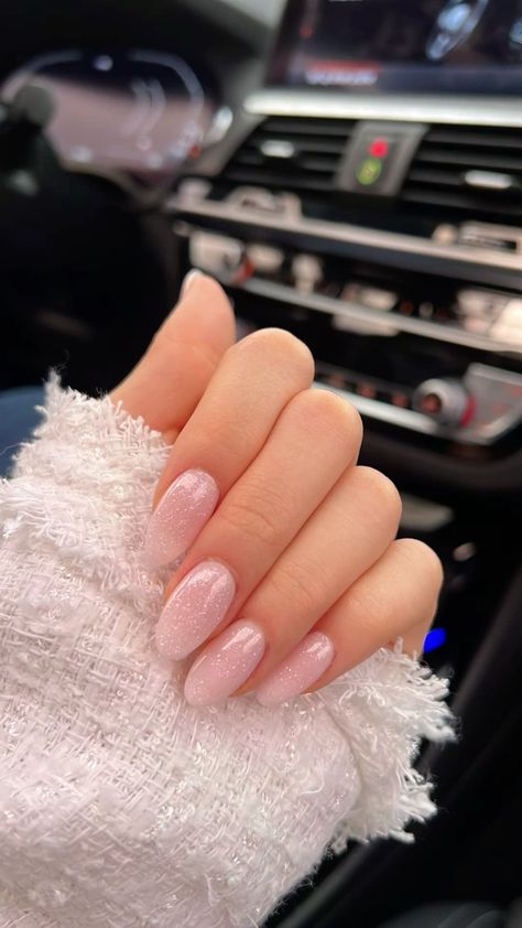 Milky Pink Sparkly Nails, Glossy Sparkly Nails, Subtle Pink Glitter Nails, Sheer Sparkly Pink Nails, Light Pink Sparkly Almond Nails, Simple Pink Sparkly Nails, Pink Nails February, Glossy Glitter Nails, Neutral Glittery Nails