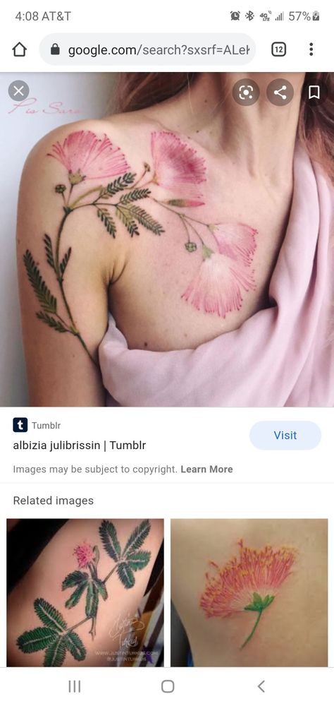 Couture, Mimosa Tree Tattoo, Mimosa Flower Tattoo, Moms Tattoo, Herb Tattoo, Dogwood Flower Tattoos, Witchy Tattoos, Winter Tattoo, Flower Spine Tattoos