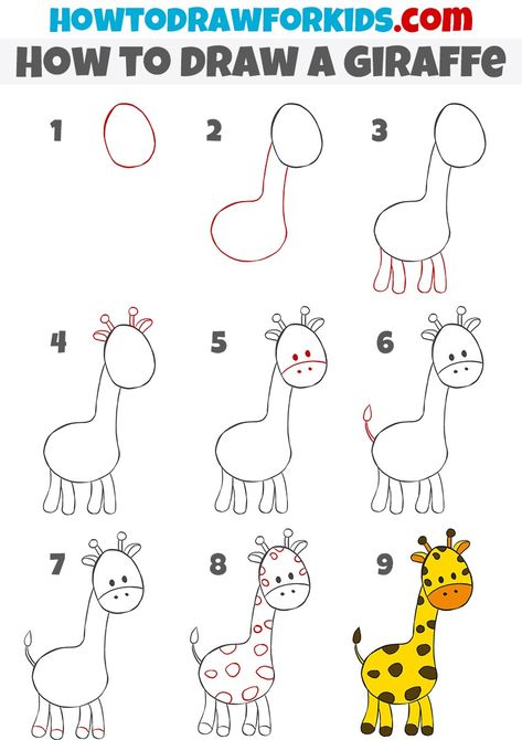 How to Draw a Giraffe - Easy Drawing Tutorial For Kids Easy To Draw Jungle Animals, Giraffe Drawing Easy Step By Step, How To Draw A Giraffe Step By Step, Draw Giraffe Easy, Zoo Drawing For Kids Easy, Girrafe Painting Easy, How To Draw A Giraffe, How To Draw Animals For Kids, Giraffe Crafts For Kids