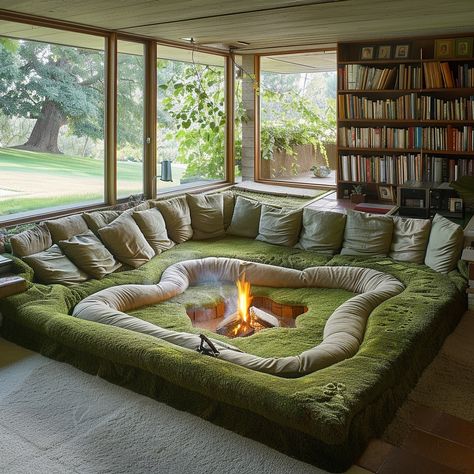 The Moss Meadow Conversation Pit is a serene, cozy space inspired by the tranquility of a lush meadow. Featuring moss-green upholstery, natural wood accents, and earthy tones, it offers a comfortable and immersive retreat for intimate conversations and relaxation. Conceptual AI Art Follow @ecosapiens for more! Talking Pit Living Room, Conversations Pits, Faux Conversation Pit, Conversion Pit, Diy Conversation Pit, Talking Pit, Couch Pit, Conversation Pit 70's, Modern Conversation Pit