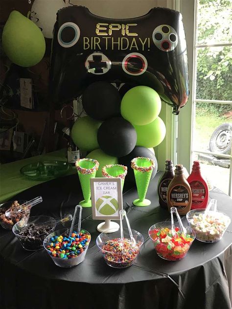 Gaming Bday Party Ideas, Outdoor Video Game Party, Gaming Bday Party, Game Truck Birthday Party Ideas, Gamer Party Food Ideas, Game On Party Ideas, Boy 11th Birthday Party Ideas, Xbox Themed Birthday Party, Video Game Birthday Party Activities