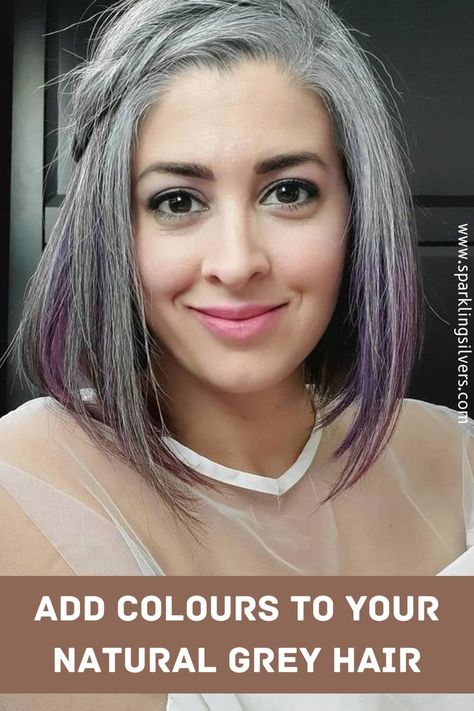 coloring grey hair Grey Hair Shaved Side, Grey Hair With A Pop Of Color, Grey Hair With Coloured Streaks, Gray Hair With Pops Of Color, Grey Hair With Pop Of Color, Gray Hair With Colored Ends, Grey Hair With Pink Streaks, Natural Grey Hair With Pink Highlights, Fun Colors For Grey Hair