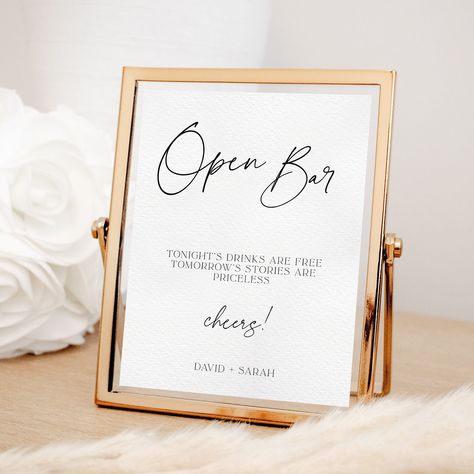 Open Bar Wedding Sign, Minimalist Open Bar Sign Printable, Modern Wedding Bar Sign, The Drinks are on Us, 5x7 or 8x10 size, edit in Corjl by CreativePapier on Etsy Open Bar Signs For Wedding, Open Bar At Wedding, Drinks Are On Us Wedding Sign, Modern Wedding Bar, Open Bar Wedding Sign, Wedding Open Bar, Bar Wedding Sign, Open Bar Wedding, Open Bar Sign