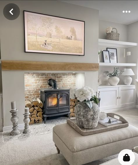 Country Cottage Lounge Ideas, Living Room Inspo Media Wall, Living Room Decor With Log Burner, Country Living Room Media Wall, Neutral And Sage Living Room, Cotswold Living Room, Country Media Wall, Cozy Front Room, Media Wall Log Burner