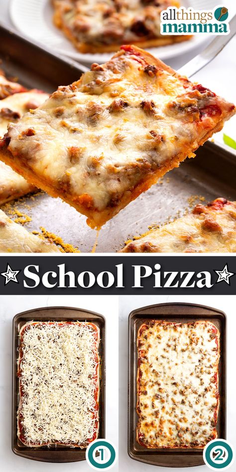 School Pizza collage image. School Pizza Sticks Recipe, Lunchroom Pizza Recipe, School Lunch Party Ideas, Pizza Sauce Dinner Ideas, School Taco Pizza, Cafeteria School Food, Breakfast Pizza School Recipe, Easy At Home Pizza, The School Pizza Recipe