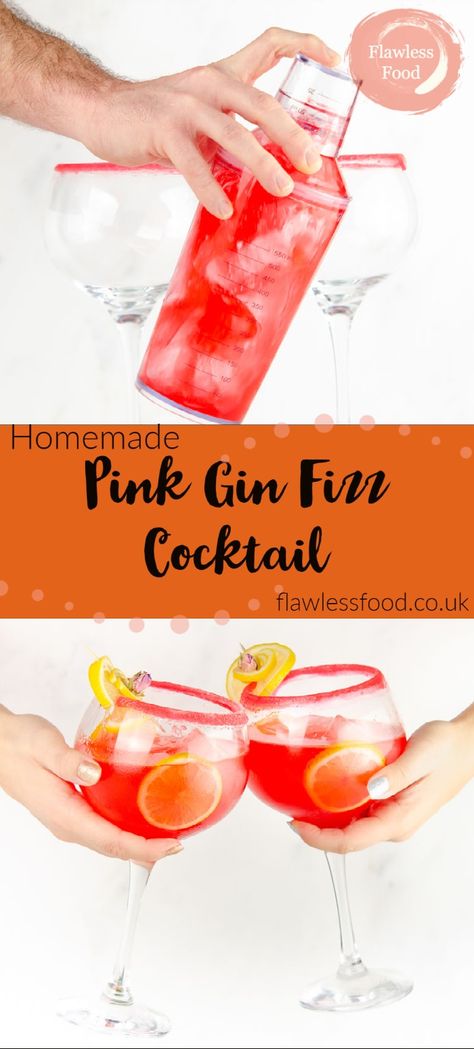 This easy to make pink gin fizz cocktail recipe is a great homemade sweet tipple. Can be made with pink gin or London dry gin, as the grenadine adds pink colour still! Mixed with ice, grenadine and lemon. Then served in a large gin glass with ice. Top it up to taste with your choice of fizz, either soda water or you prefer it sweet, lemonade. We also show you how to sugar rim your cocktail glass. Best served with slices of lemon. A simple New Years Eve cocktail recipe perfect all year round. Pink Gin Fizz Cocktail, Simple Sweet Cocktails, Simple Gin Cocktails, Simple Cocktail Recipes, Grenadine Cocktail, New Years Eve Cocktail, Pink Gin Cocktails, Gin Party, Gin Fizz Cocktail