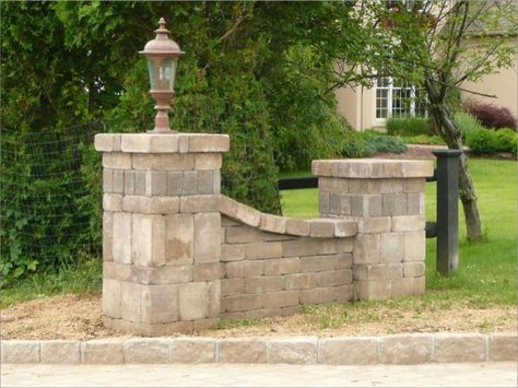 Paver entry wing walls | Driveway entrance | Pinterest | Bricks ... Driveway Pillars, Entrance Ideas Entryway, Brick Pillars, Driveway Entrance Landscaping, Exterior Lighting Design, Brick Driveway, Farm Entrance, Brick Columns, Driveway Lighting