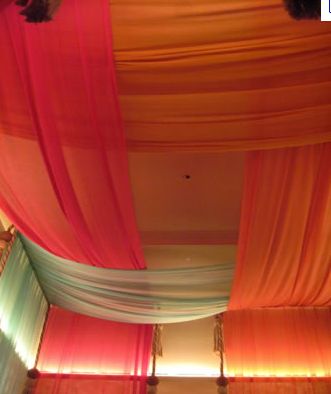 tented ceiling Swag Ceiling Fabric, Tented Ceiling Bedroom, Fabric Hanging From Ceiling, Ceiling Draping Bedroom, Tent Ceiling Draping, Curtain Rod Canopy, Trendy Bedroom Colors, Tented Ceiling, Draped Ceiling