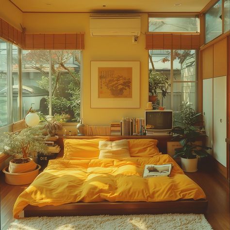 Vintage Room Minimalist, Tiny Space Design, Tokyo Inspired Room, Tokyo Small Apartment, Vintage Minimalist Design, Yellow Room Design, Colorful Small Bedroom, Tiny Home Interior Design Ideas, 1960s Bedroom Aesthetic