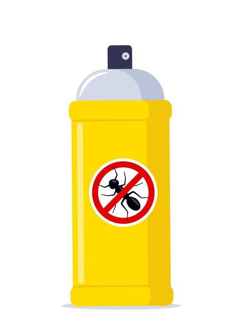 Repellent spray in the yellow bottle. Protection from the ant and other insect. Aerosol for bug bite prevention. Black ant silhouette crossed in red circle. Vector illustration. Ant Silhouette, Spray Vector, Bug Bite, Circle Vector, Black Ants, Insect Spray, Red Circle, Bug Spray, Reference Pictures