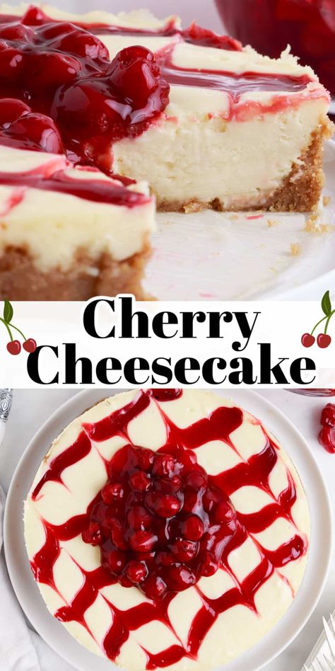 Cherry Cheesecake Homemade, How To Make Cherry Cheesecake, Cherry Topped Cheesecake, Classic Cherry Cheesecake, Cheesecake Cherry Topping, Cherry Cheesecake Birthday Cake, Cherry Pie Filling Cheesecake, Cherry Cheesecake Baked, Cheesecake With Cherry Topping