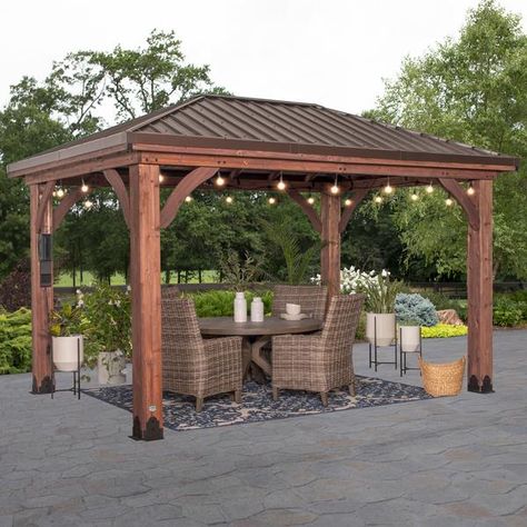 Wooden Swing Sets, Playhouses, Playsets | Backyard Discovery Hip Roof Design, Deck Pergola, Gazebo Lighting, Backyard Hangout, Gazebo Ideas, Stormy Seas, Wooden Gazebo, Hardtop Gazebo, Outdoor Fireplaces