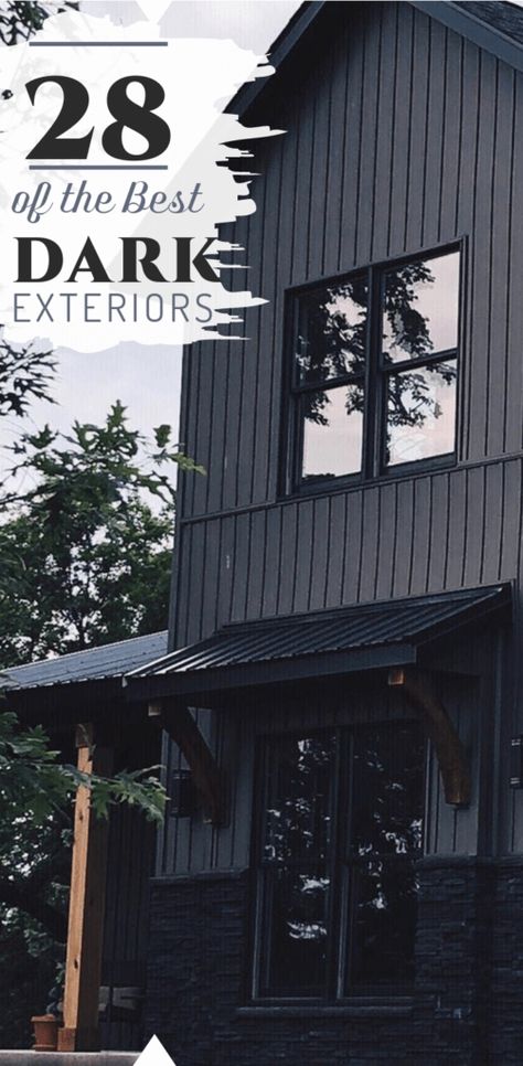 Black House Exterior Lighting, Dark Grey Sided House, Black And Cedar Ranch House Exterior, Light Roof Dark House Exterior Colors, Dark And Light House Exterior, Dark Colored Siding, Small Dark Grey House Exterior, Black Exterior With Stone Accent, Dark Color Siding House