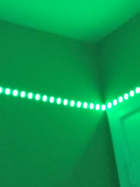 Green Led Lights Aesthetic, Green Led Lights Bedroom, Green Led Light Aesthetic, Led Lights Bedroom Aesthetic, Character Bedroom, Lights Around Mirror, Green String Lights, Green Vibes, Green Led Lights