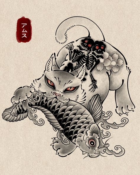 Chinese Mythology Tattoo, Angry Cat Tattoo, Neo Japanese, Japanese Vibe, Tattoo Japanese Style, Flash Design, Mythology Tattoos, Japanese Folklore, Japanese Cat