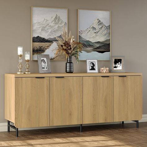 Accent Wood Wall, Fluted Cabinets, Modern Sideboard Cabinet, Dining Room Natural, Fluted Cabinet, Console For Living Room, Kitchen Buffet Cabinet, Sideboard Cabinet Modern, Kitchen Natural