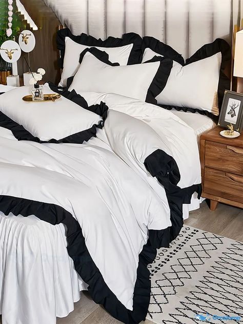 OrcaJump - Ruffle Duvet Cover Set (No Filler) Ruffle Duvet Cover, White Room Decor, Dark Home Decor, Teen Bedroom Decor, Apartment Decor Inspiration, Black And White Style, Dream Room Inspiration, Room Makeover Bedroom, Black Bedding