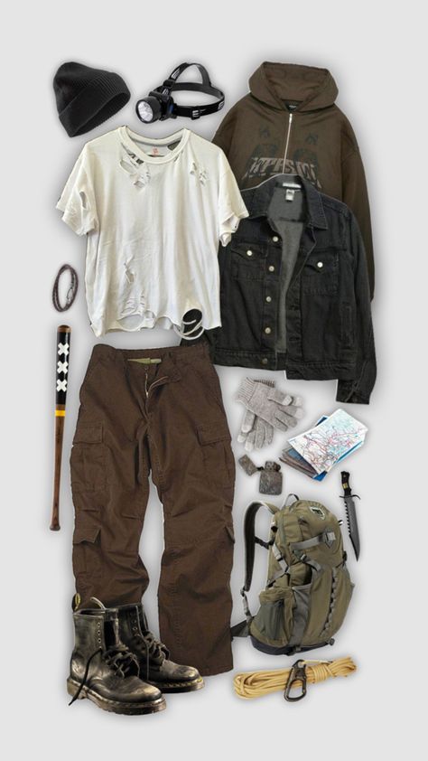 Zombie Apocalypse Outfits Aesthetic Men, Survival Core Outfits, Survival Outfit Male, Survivalist Aesthetic Outfit, Twd Outfits Male, Apocalyptic Outfit Men, Apocalypsecore Outfits, Post Apocalypse Outfit Male, Male Apocalypse Outfit