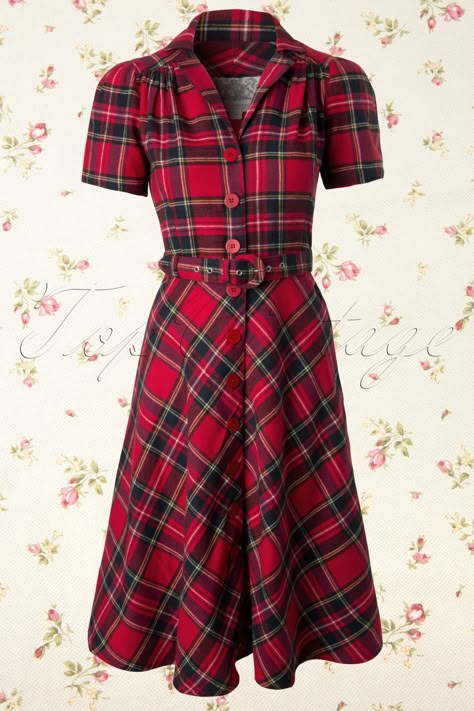 The Seamstress of Bloomsbury - 40's Lisa Tartan Dress in Red 40s Dresses, Celebrities Quotes, 1940 Style, Tartan Fashion, 40s Dress, Tartan Dress, Estilo Chic, 1940s Fashion, Puffed Sleeves