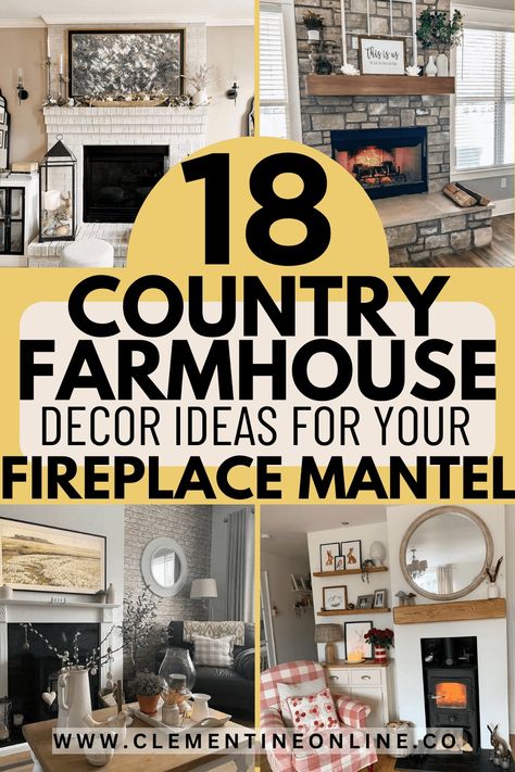 18 Country Farmhouse decor ideas for your Fireplace mantel - Clementine Online Country Mantel Decorating Ideas, Farmhouse Mantel Decor With Tv, Next To Fireplace Decor, Fireplace Mantel Decorating Ideas Rustic, Farmhouse Living Room Mantle, Half Stone Fireplace With Mantle, Rustic Fireplace Mantels Decorations, Country Farmhouse Fireplace, Farmhouse Mantle Decorating Ideas