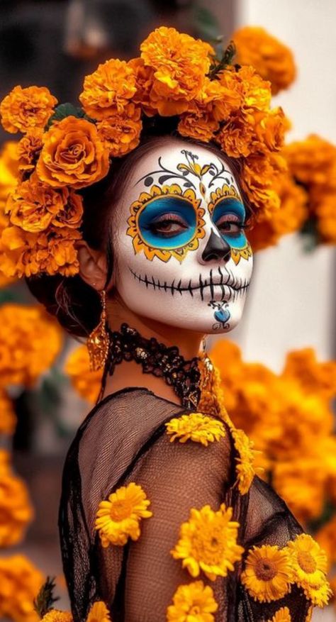 Catrina Makeup Folklorico Makeup, Candy Skull Costume, Half Skull Makeup, Mexican Makeup, Catrina Makeup, Aztec Artwork, Dead Makeup, Creepy Halloween Makeup, Hallowen Ideas