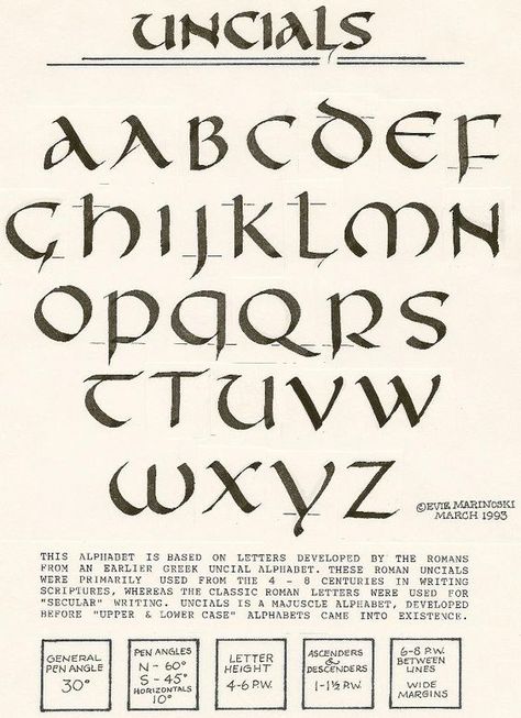 Uncial is a majuscule script (written entirely in capital letters) commonly used from the 4th to 8th centuries AD by Latin and Greek scribes.: Script Alphabet, Calligraphy Lessons, Handlettering Quotes, Handwriting Alphabet, Alfabet Letters, Alphabet A, Alphabet Writing, Script Writing, Halloween Fonts