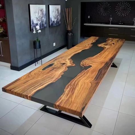 Custom River Conference Epoxy Table Black CT54 Avant Garde, Custom Wood Dining Table, Workspace Aesthetic, Custom Conference Table, Resin River Table, Wood Ash, Dinning Room Design, Meeting Space, Slab Table