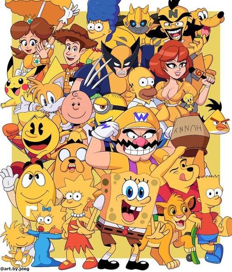 Yellow Cartoon Characters Yellow Characters Cartoon, Characters Photography, Yellow Cartoon Characters, Crossover Fanart, Yellow Characters, Color Wheel Art, Colored Characters, Yellow Cartoon, Oliver And Company