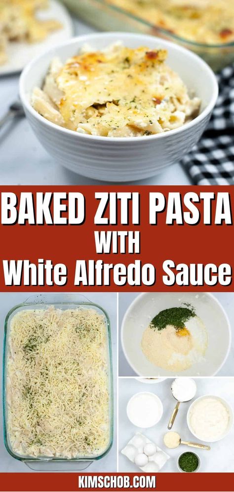 This pasta bake with white sauce is made with ziti, creamy Alfredo, and all the white cheese you could ask for! It's perfect without meat for a quick meal! White Pasta Bake Recipe, Easy Baked Ziti With Alfredo Sauce, White Ziti Recipe, Italian Dishes With White Sauce, Pasta Dishes With White Sauce, Pasta Dinner Recipes White Sauce, White Sauce Baked Ziti, White Ziti Bake, Baked Alfredo Pasta Vegetarian