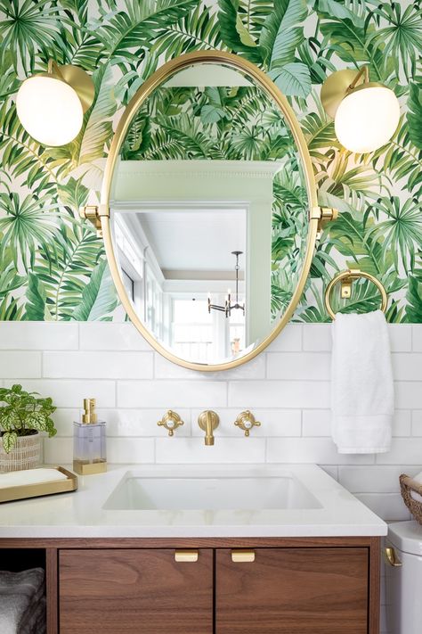 Palm Tree Powder Room, Tropical Interior Design Bathroom, Tropical Half Bathroom Ideas, Tropical Wallpaper Powder Room, Palm Bathroom Decor, Tropical Bathroom Aesthetic, Tropical Wallpaper Bathroom Ideas, Modern Tropical Bathroom Design, Tropical Leaf Wallpaper Bathroom