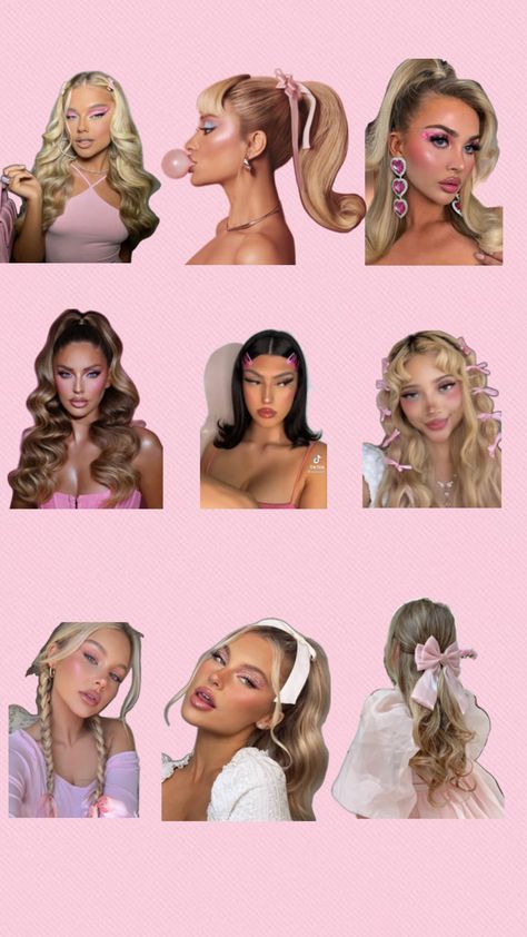 very easy hairstyles when we are late when we don't know what to do with our hair Barbie Hairstyles With Bow, Pink Bow Half Up Half Down, Barbie Ponytail With Bow, Bow Pigtails Hairstyle, Pink Bow In Hair Aesthetic, Two Ponytails, Bow Hairstyle, Cute Hairstyles For Short Hair, Short Curly Hair