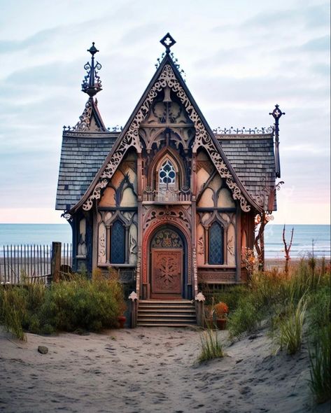 AI Art, Beach Cottage, Midjourney Old Cottage Aesthetic, Whimsical House Exterior, Old Cottage Homes, Quirky Architecture, Architecture Cottage, Cute Cabin, Magic Cottage, Victorian Tiny House, Magical Cottage