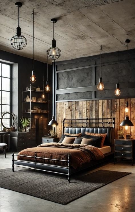 Wood Lamps Bedroom, Dark Wood And Metal Decor, Concrete Floor Black Walls, Old World Industrial Decor, Industrial Feminine Bedroom, Black Walls And Ceiling Bedroom, Industrial Shelving Bedroom, Cosy Industrial Bedroom, Modern Black And Wood Bedroom