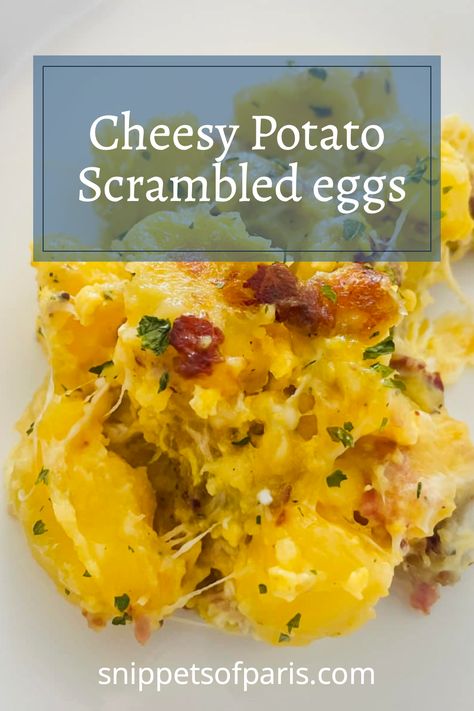 This sumptuously cheesy potato egg scramble recipe makes an excellent savory breakfast or an easy lunch or dinner. Eggs And Potatoes Recipes, Potato Egg Scramble, Cheesy Scrambled Eggs, Easy French Recipes, Simply Potatoes, Egg Scramble, Fluffy Scrambled Eggs, Scrambled Eggs Recipe, Cheesy Potato