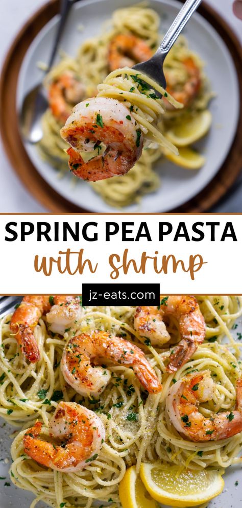 Shrimp Peas Pasta, Pasta W Peas, Shrimp And Peas Pasta, Shrimp Pasta Meal Prep, Aoli Recipes, Spring Pea Pasta, Pea Pasta Recipe, Peas Pasta, Pasta With Garlic