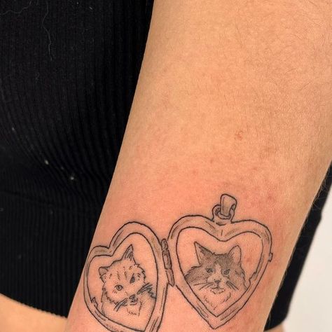 🌞 c o l l e e n 🌝 on Instagram: "Locket 🎀💗 thanks georgia! 
•
•
•
•
•
•
#tattoo #illustration #aesthetictattoo #tattooideas #halifax #novascotia  #tattooartist #contemporarytattoo" Cat Locket Tattoo, Georgia Tattoo, N Tattoo, Cat And Dog Tattoo, Lock Tattoo, Locket Tattoos, Tats Ideas, Cat Tatto, Summer Vision