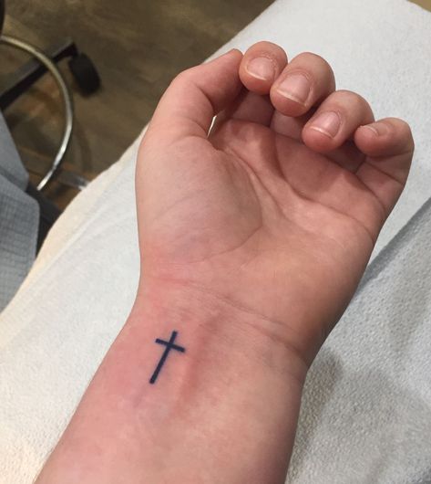 Cross Mini Tattoo, Navy Blue Tattoo Ink, Mini Men Tattoo, Cross Wrist Tattoo Men, Male Cross Tattoos, Men’s Cross Tattoos, Simple Cross Tattoo For Men, Small Tattoos For Men On Arm, Small Cross Tattoo For Men