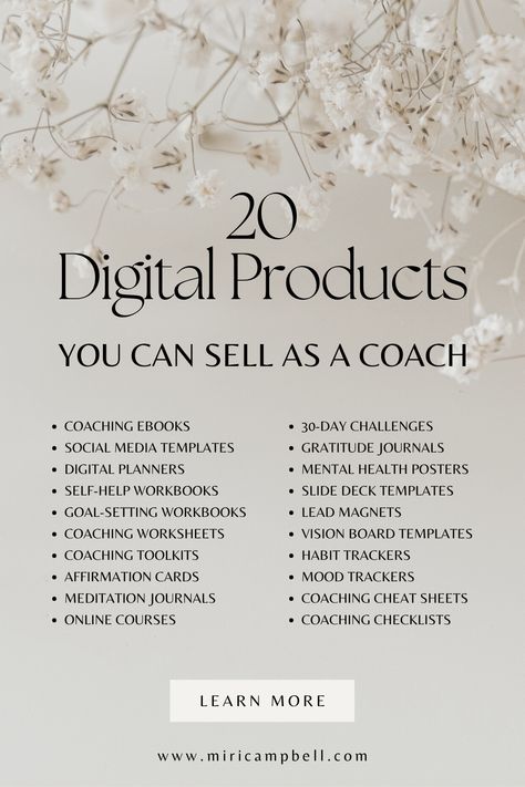 Are you looking to add digital coaching products to your coaching business? Many coaches are now turning to digital products to sell and increase their success. Miri Campbell has been a successful digital coach for many years and has the tools to help you take your coaching business to the next level. Click to read more and begin learning how to create and monetize digital coaching products today! Online Coaching Business Ideas, Content Ideas For Mindset Coaches, Online Coaching Aesthetic, Health Coach Tips, Successful Coaching Business, Marketing For Coaches, Content Ideas For Life Coaches, Life Coaching Tips, How To Create A Business