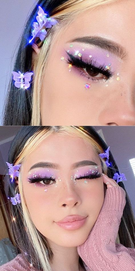 Purple Make Up Aesthetic, Pastel Purple Eyeshadow Looks, Rave Makeup Purple, Extra Eyeshadow Looks, Purple Makeup Looks With Rhinestones, Purple Eyeshadow With Gems, Purple Festival Makeup, Makeup With Crystals, Purple Makeup Ideas