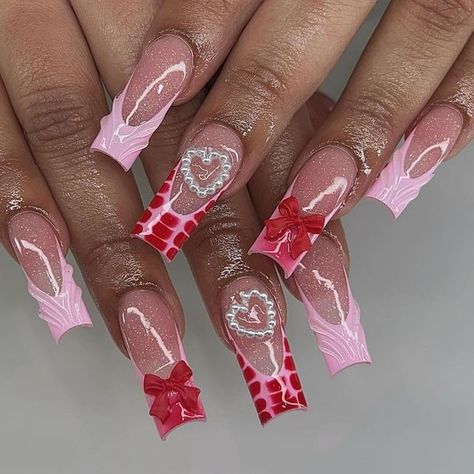 Pink Red Nails, Nails Styles, Coquette Nails, Vday Nails, Golden Nails, Airbrush Nails, Glow Nails, Unique Acrylic Nails, Long Square Acrylic Nails