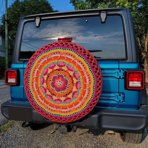 "Pink Sophie's Garden Tire Cover 😍" Cool Jeep Accessories, Crochet Seat Belt Cover, Crochet Steering Wheel, Sunflower Crochet, Jeep Tire Cover, Spare Tire Covers, Seat Belt Cover, Weaving Textiles, Tire Cover