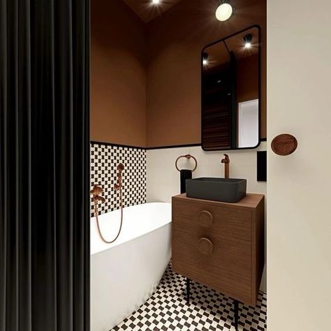 Bathroom Color Schemes For Small Bathrooms, Mid Century Restroom, Dark Mid Century Bathroom, Black White Tiles Bathroom, Midcentury Modern Bathroom Ideas, Post Modern Bathroom Design, Colourful Bathroom Design, Black White Bathrooms Modern, Mid Century Hotel Room