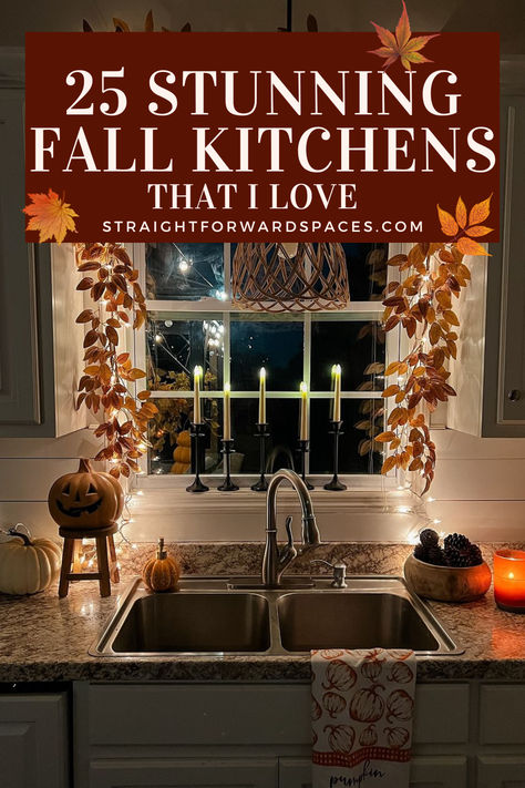 fall kitchen decor ideas Fall Above Kitchen Cabinet Decorations, Fall Decor For Counter Top, Over Cabinet Fall Decor Kitchen Ideas, Fall Kitchen Inspiration, Fall Kitchen Window Decor Ideas, Halloween Cozy Decor, Fall Kitchen Centerpiece, Decorate Kitchen For Fall, Kitchen Window Fall Decorations