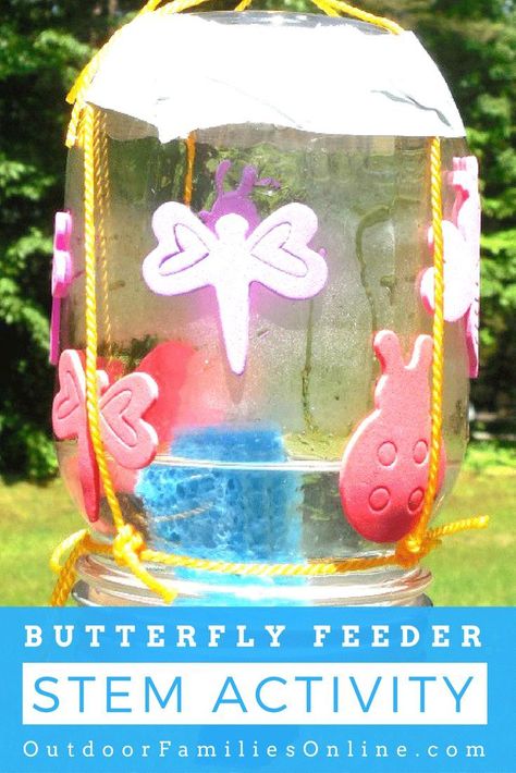 Science Outdoor STEM Activities: Construct a Butterfly Feeder >>> Outdoor STEM activities add a little extra oomph to your outside observations. Build a butterfly feeder and observe who comes to visit with this engineering and butterfly science project. Butterfly Science Project, Butterfly Lessons, Butterfly Science, Butterfly Feeder, Stem Classes, Butterfly Project, Steam Learning, Daisy Scouts, Children's Activities