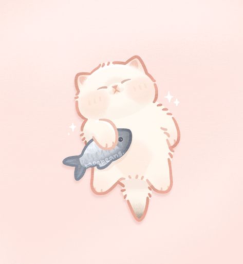 White Cat, A Cat, Fish, Twitter, Pink, White, Kawaii