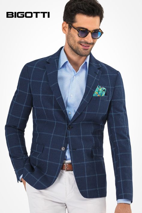 Navy Blue Check Blazer Outfit Men, Blue Coat Outfit Men, Blazer Outfits Men Wedding, Blazer With Jeans Men, Cloth Inspiration, Man Fashion Style, Gents Dress, Men Fashion Blazer, Jeans Blazer Outfit