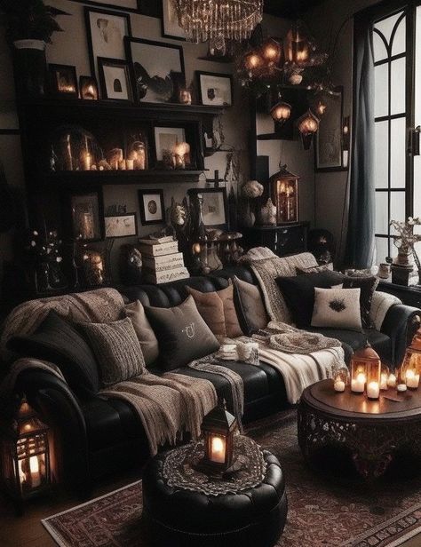 Halloween Aesthetic Interior, Dark Cottage Core Furniture, Dark Asthetics House Decor, Goth Inspired Living Room, Dark Seductive Bedroom Ideas, Gothic Asethic Home, Dark Gothic House Aesthetic, Boho Gothic Aesthetic, Goth Living Room Apartment