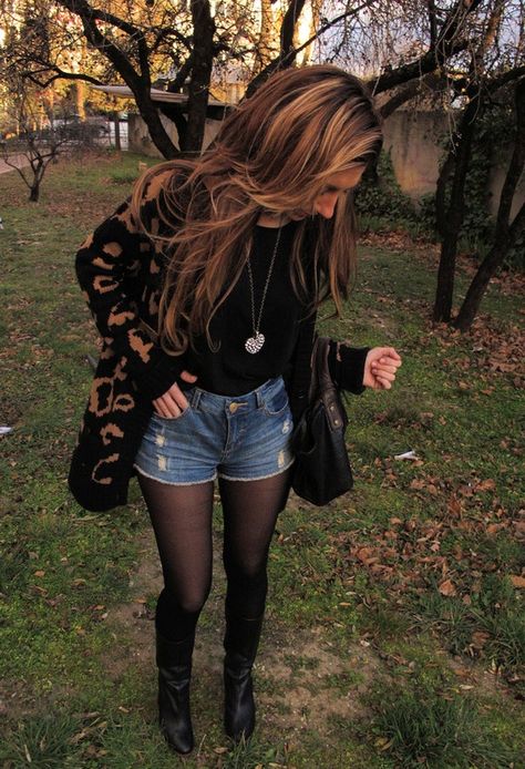 Stockings Under Shorts, Black Tights Summer Outfit, Black Romper With Tights, Shorts Pantyhose Outfit, Shorts Tights Boots Outfit, Long Stockings Outfit, Jean Shorts With Tights Outfit, Shorts And Pantyhose Outfit, Tights And Jean Shorts