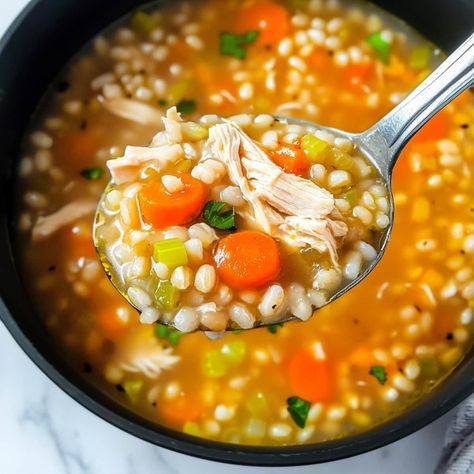 Savory Chicken Barley Soup Chicken Barley Soup Crockpot, Chicken Barley Soup Recipe, Chicken And Barley Soup, Soup With Barley, Ip Chicken, Chicken Barley, Chicken Barley Soup, Vegetable Barley Soup, Soups Stews Chilis